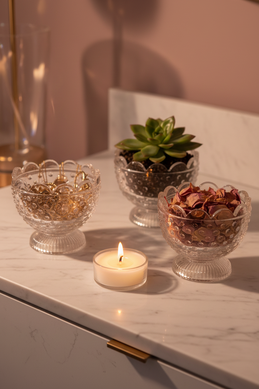4 hobnail compote bowls used as jewellery dish, candle holder, plant pot, and rose petal display