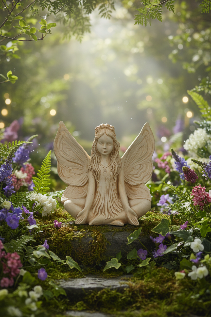 Cream ceramic fairy figurine with butterfly wings in an enchanted garden setting