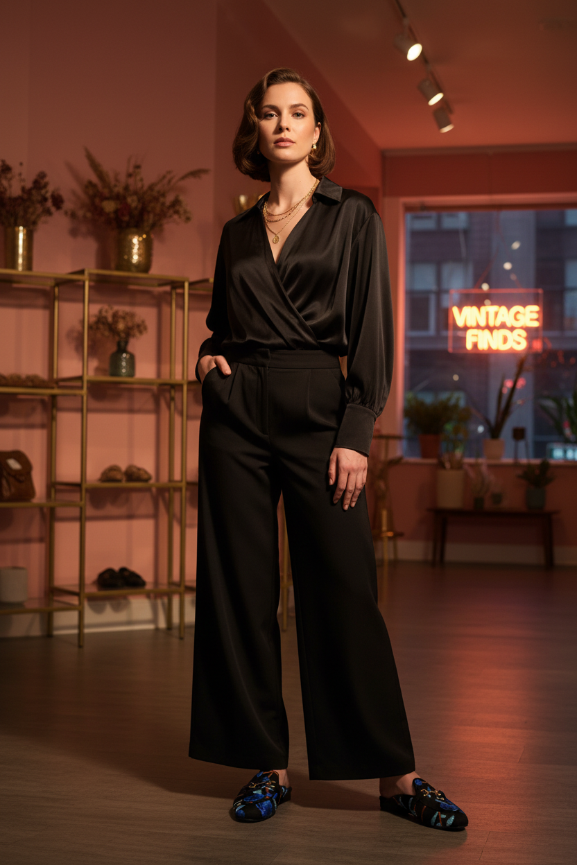 Midnight Garden Embroidered Mule Loafers – model wearing wide-leg trousers and silk blouse