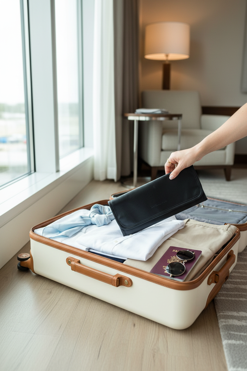 Origami Owl jewelry roll being pulled from a suitcase