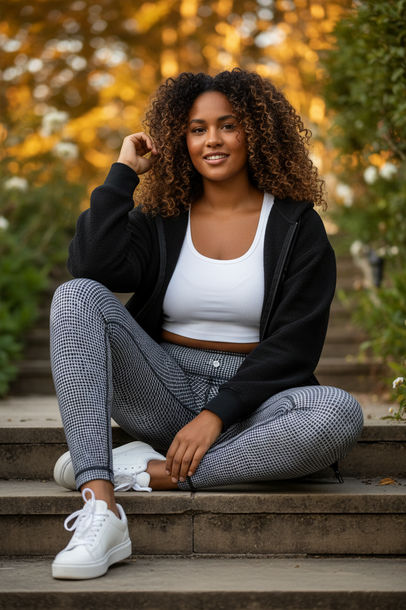 Cozy casual styling — lululemon grid legging with black zip hoodie