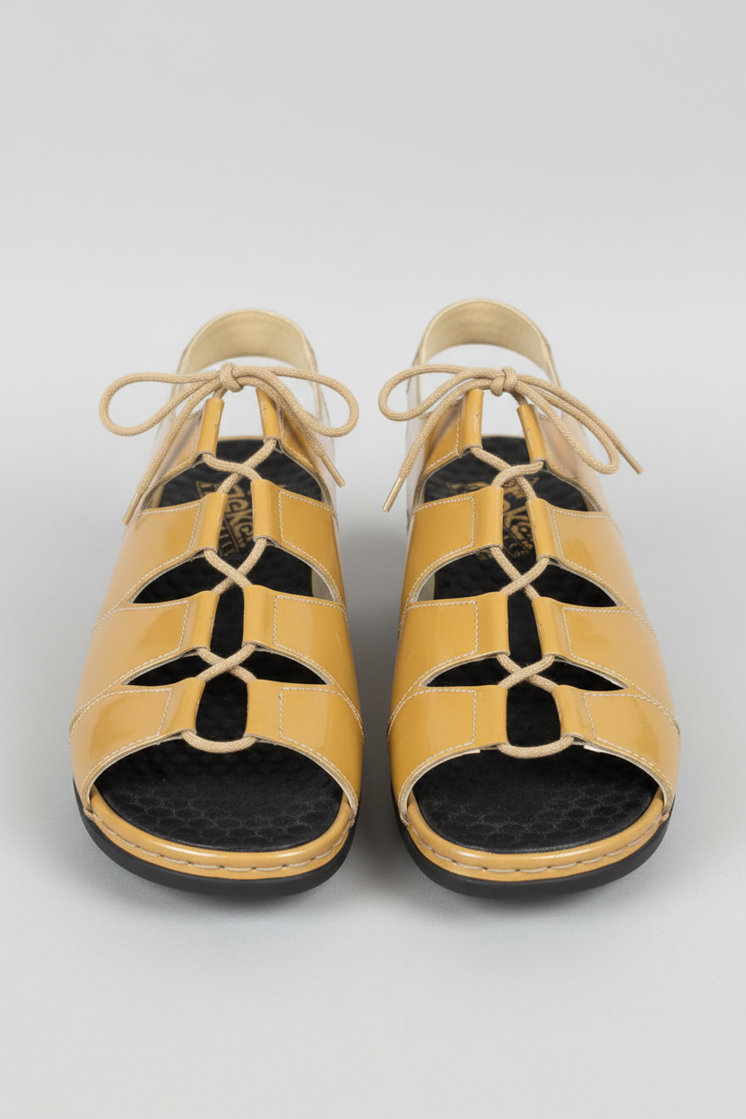 The Sunkissed Strapper — Rieker Anti-Stress Mustard Patent Lace-Up Sandals