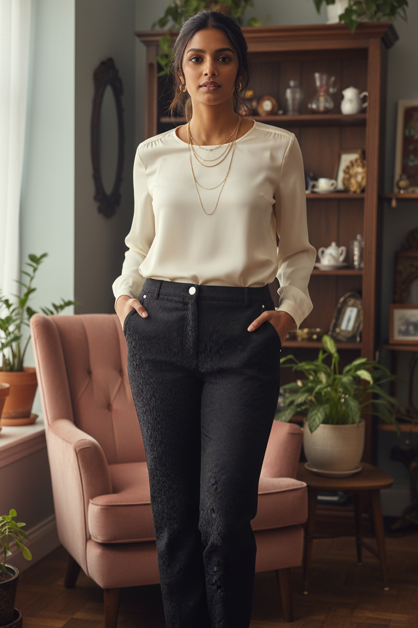 Noir Jacquard Tailored Pants - Styled Model Full Length