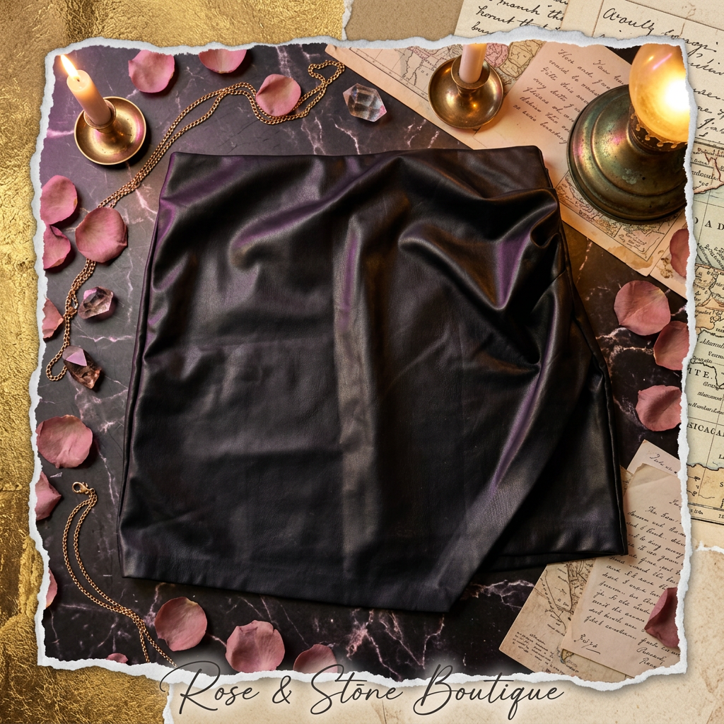 Editorial flat lay of black faux-leather asymmetric mini skirt
