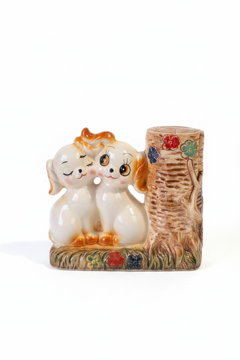 Vintage Japanese porcelain puppy coin bank on white background