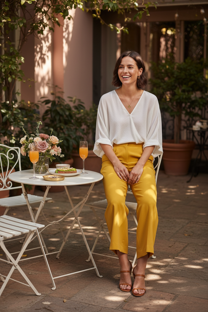The Golden Hour Wide-Leg Trouser - brunch patio lifestyle editorial