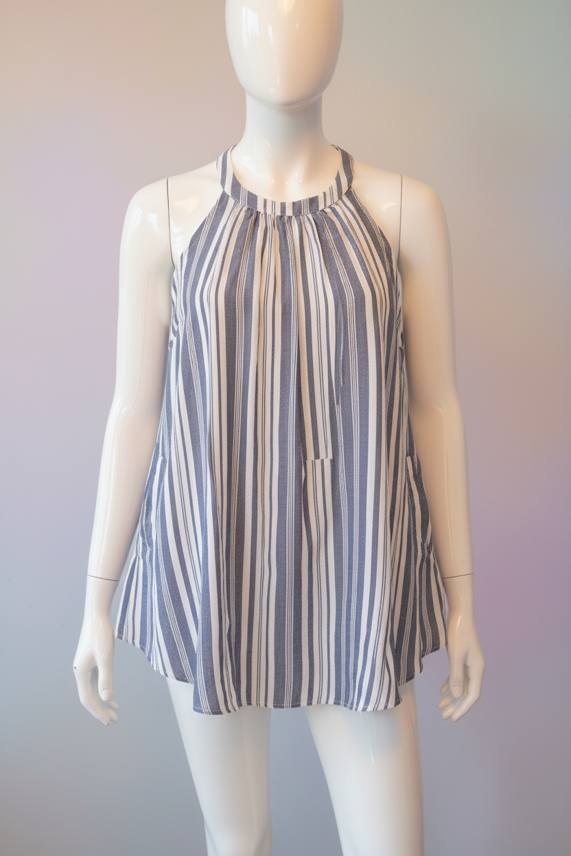Torrid Striped Swing Blouse | Blue & White | Halter Neck | Side Pockets | Size 2