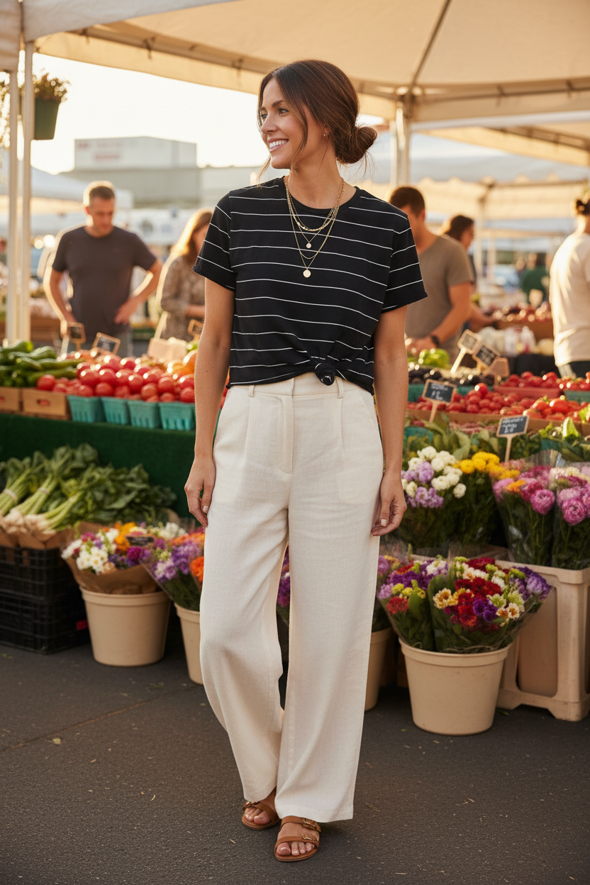 Size XL model in her 30s wearing Organic Generation black white striped crop tee at farmers market