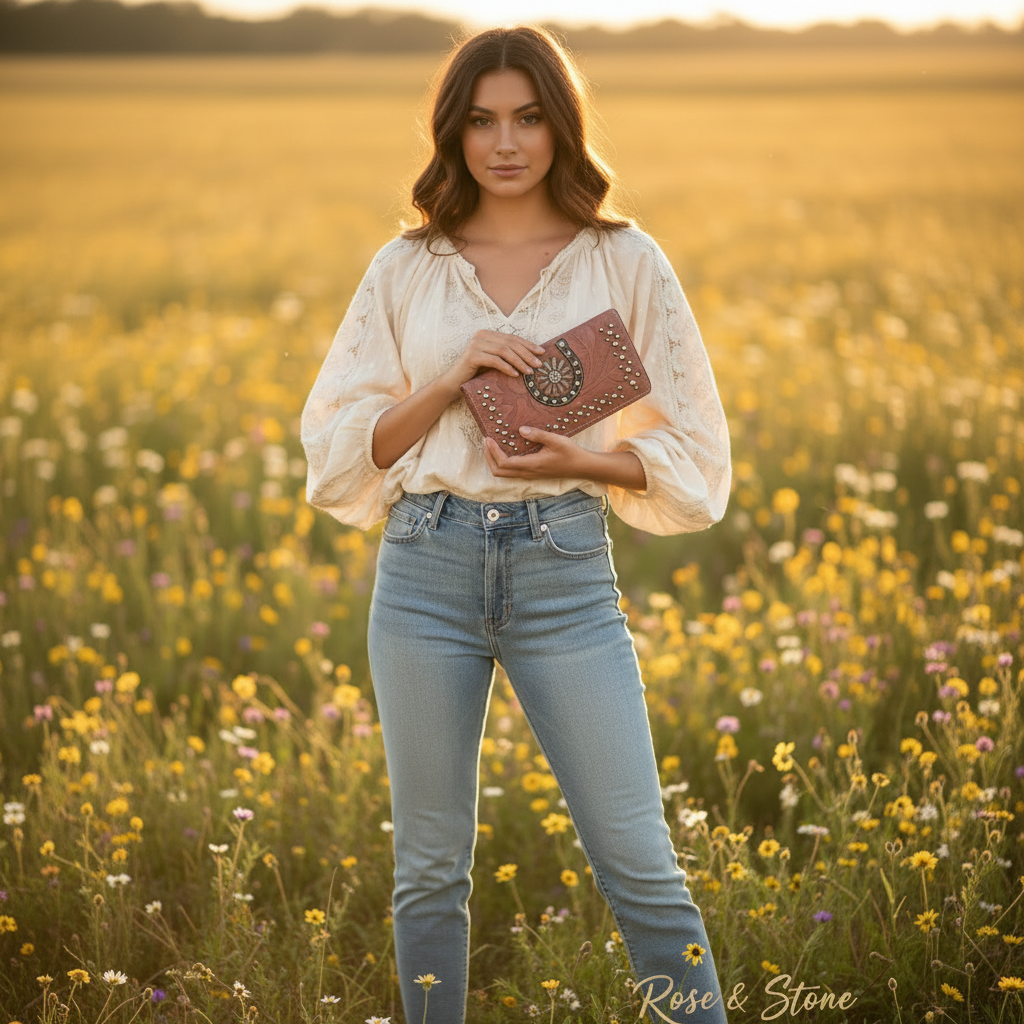 Model holding the Dusty Trail Wallet in a golden wildflower field