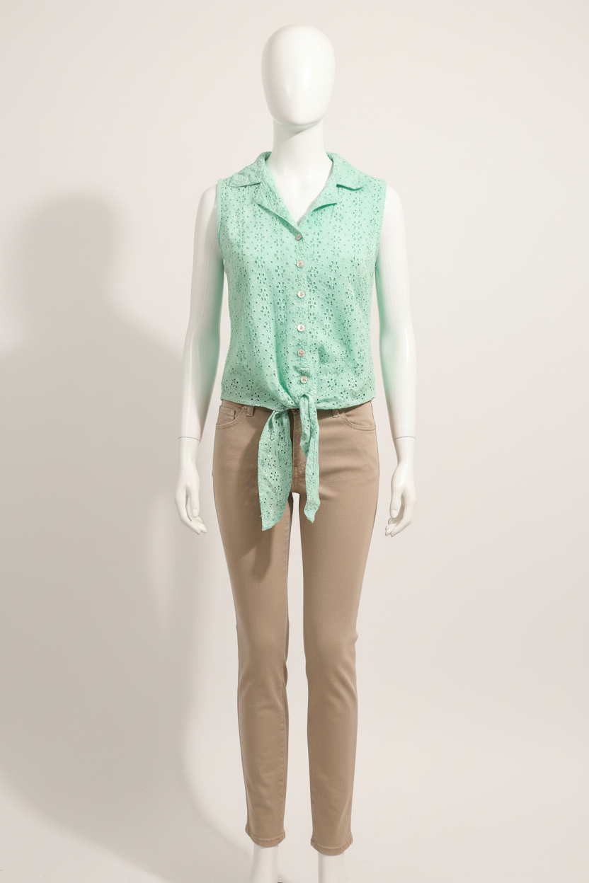 Gently Drifting Mint Eyelet Tie-Front Blouse