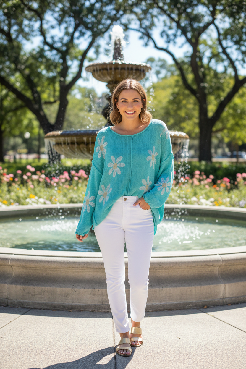 Small size model wearing POL turquoise daisy sweater by park fountain