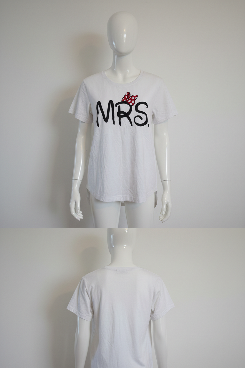 BEGIN MRS Minnie Mouse velvet bow graphic tee on mannequin white background