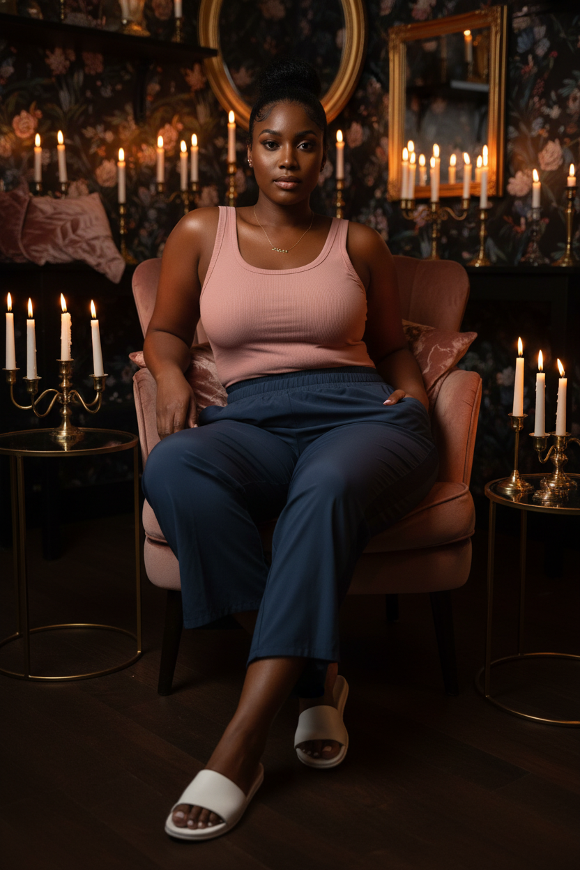 Model wearing Midnight Drift Cropped Wide-Leg Pants seated on velvet chair with dusty pink tank