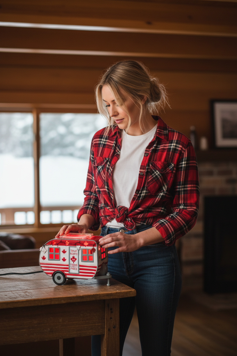 Model lifestyle image - cabin side table with Canadian Strong Scentsy Warmer