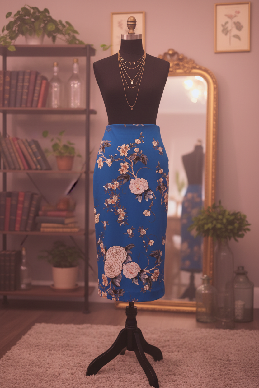 Romantically Blooming Cobalt Pencil Skirt