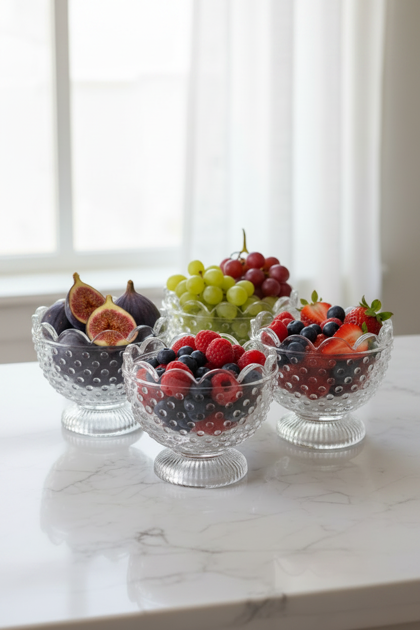 4 clear hobnail footed compote bowls with fresh fruit on marble counter