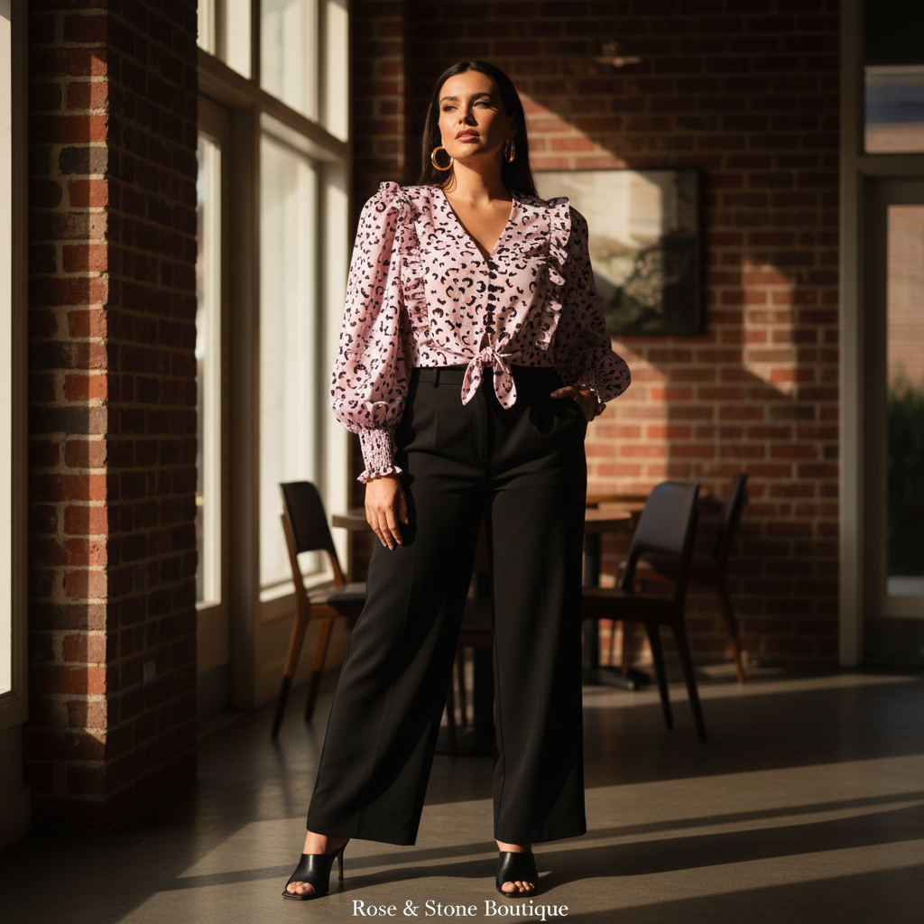 Model in her 30s wearing The Wild Bloom Blouse at a sunlit café - 1:1