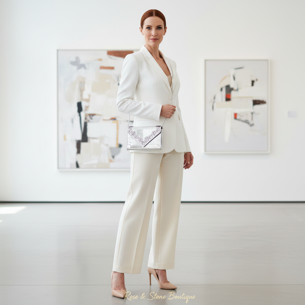 ALDO silver clutch — model art gallery, white blazer wide-leg trousers