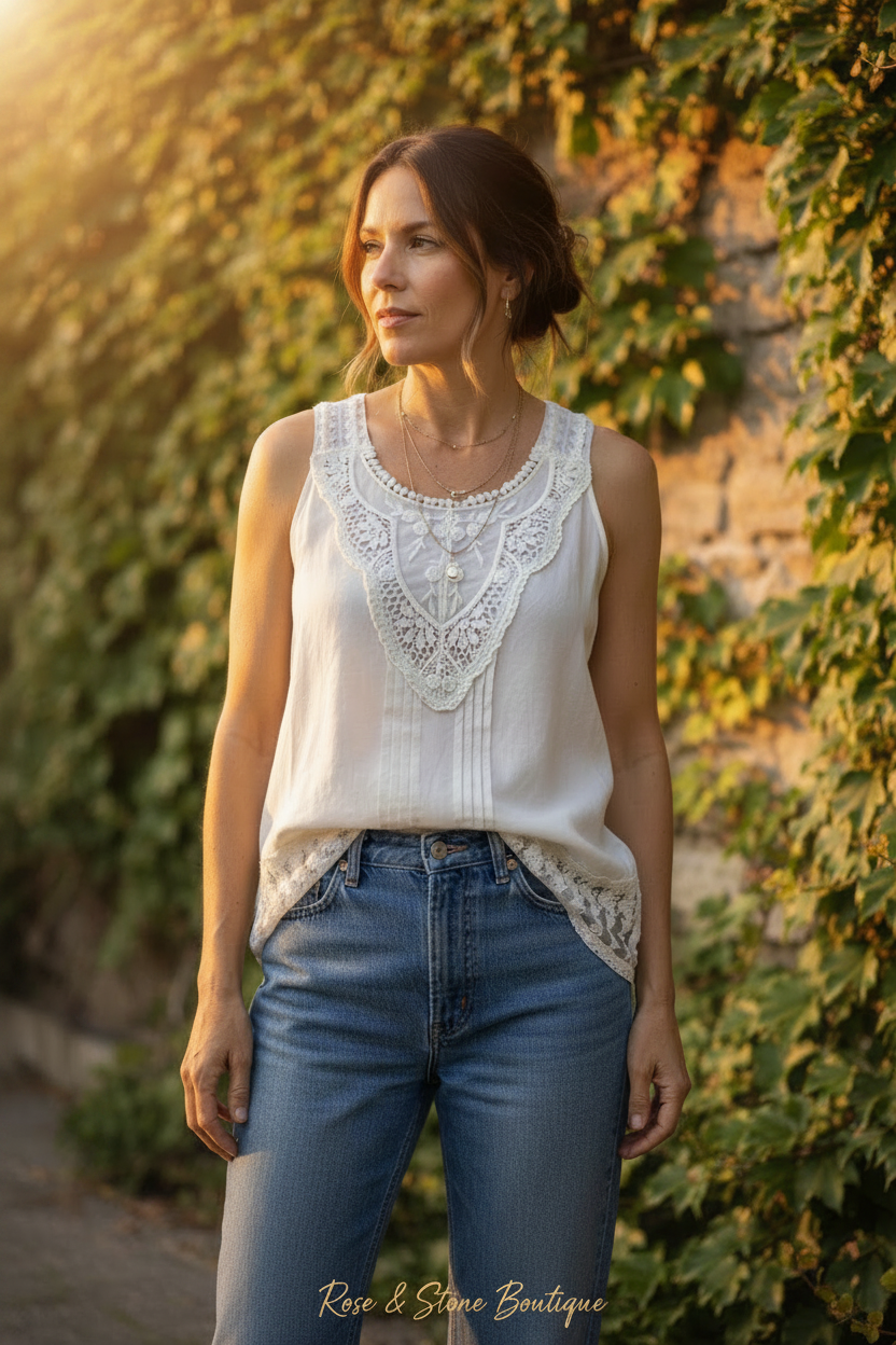Kismet Ivory Heirloom Lace Tank — golden hour outdoor lifestyle, model 40s