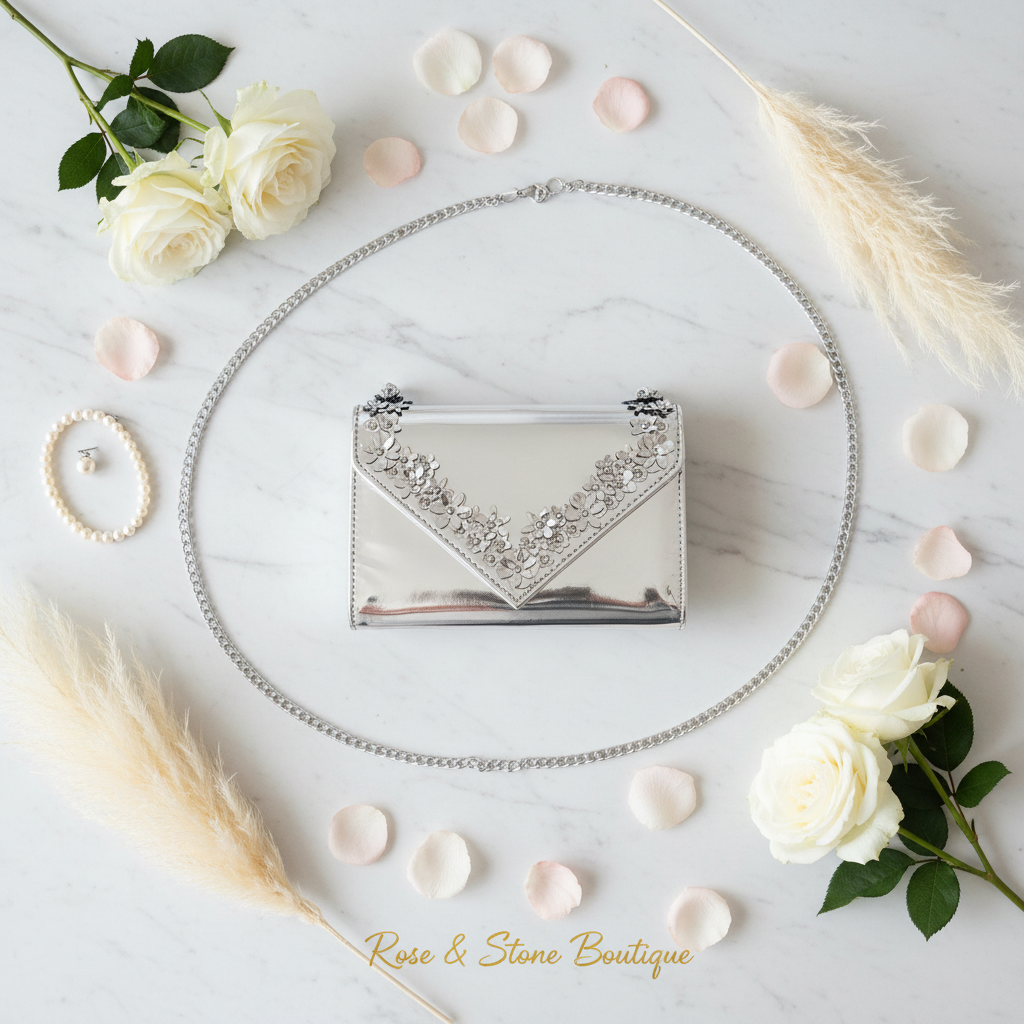 ALDO silver metallic clutch — flat lay marble with roses and chain
