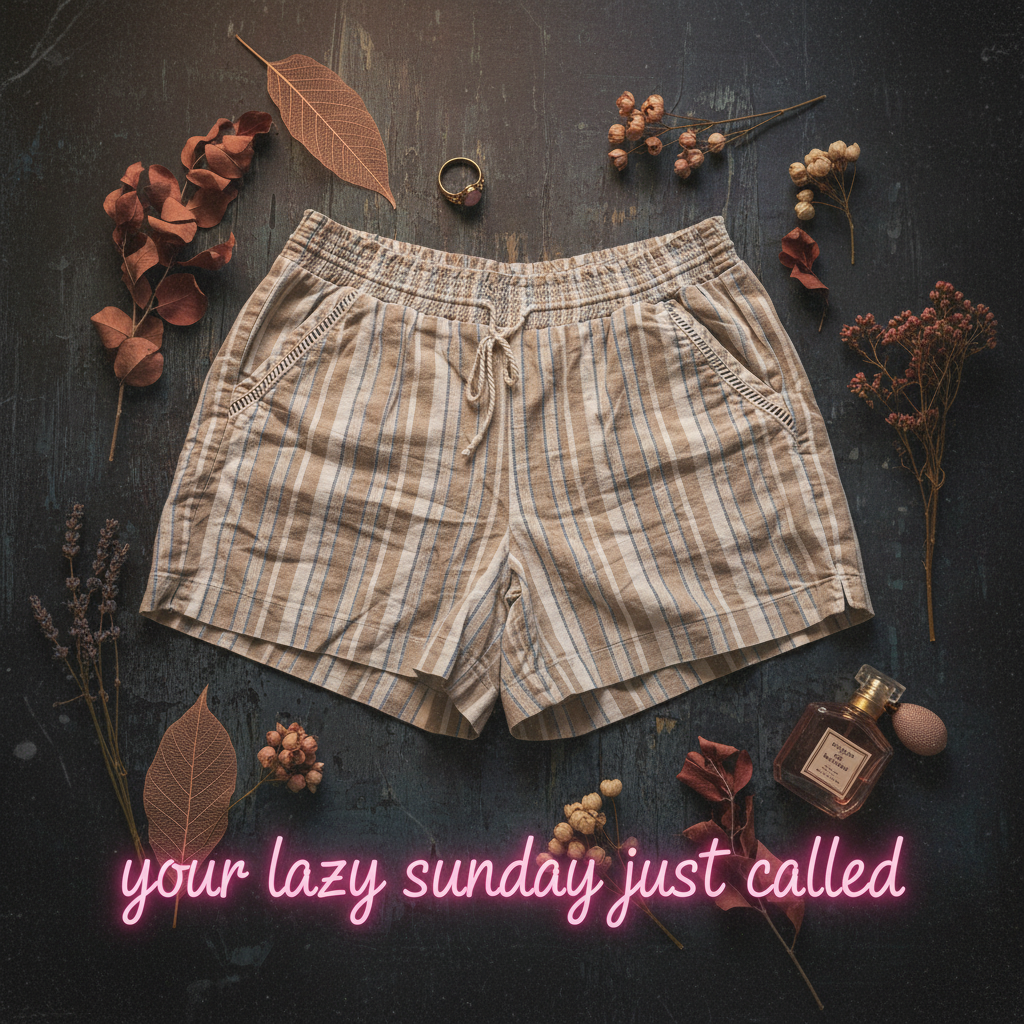 Instagram promo flat lay of Briggs New York striped linen shorts with neon text your lazy sunday just called