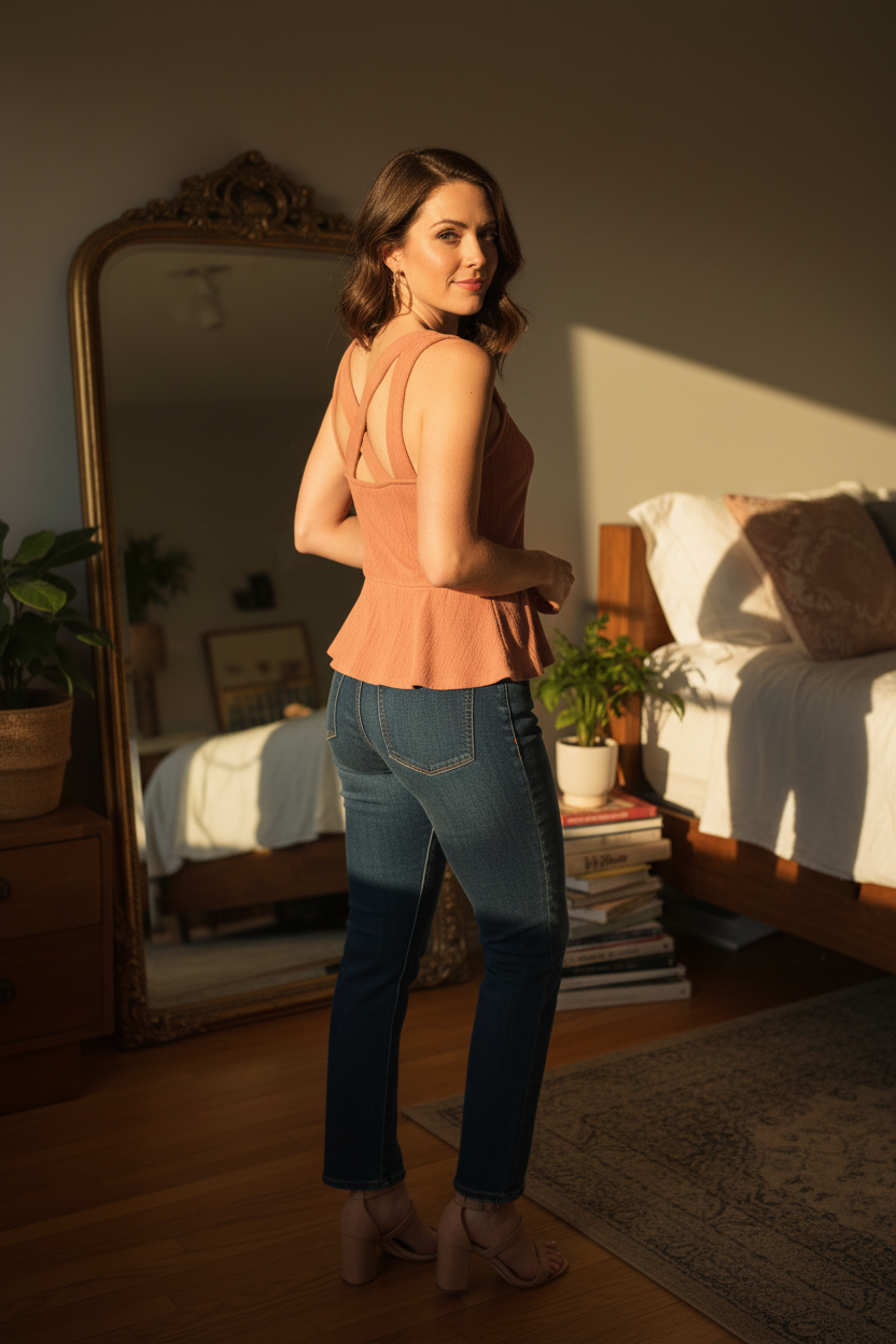 Kismet Peach Crinkle Crossback Peplum Tank — L