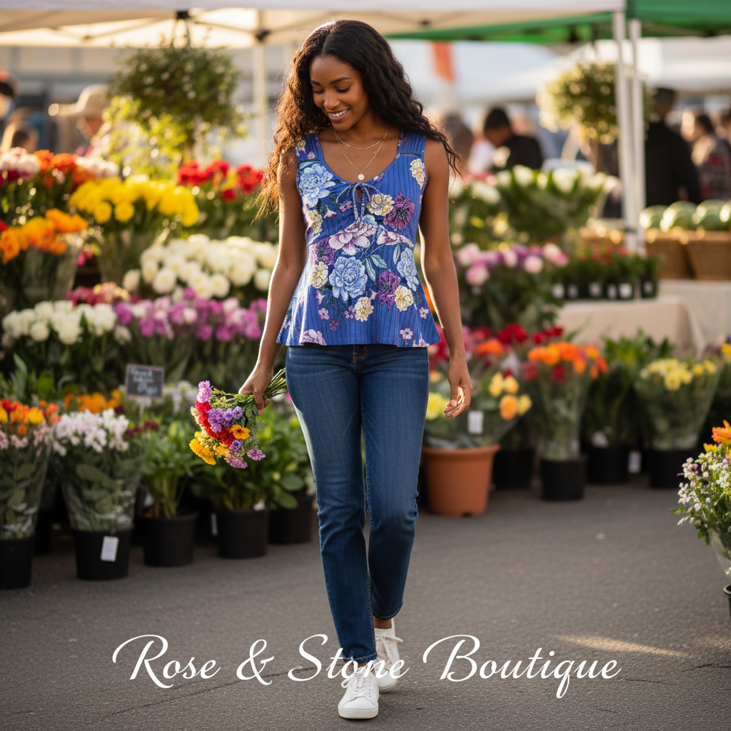Model wearing cobalt floral peplum tank with dark wash jeans at a vibrant outdoor farmers market