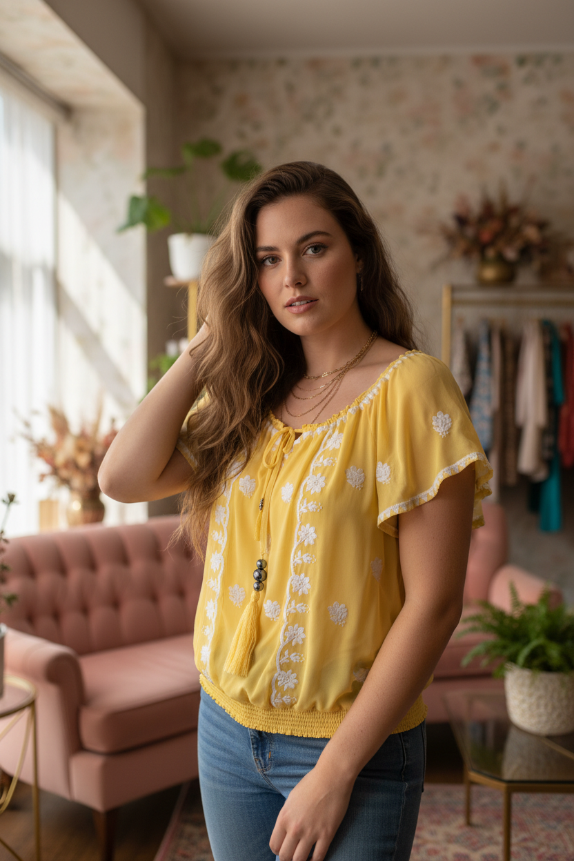 Sunshine Daisy Peasant Top - Styled Model Three-Quarter View