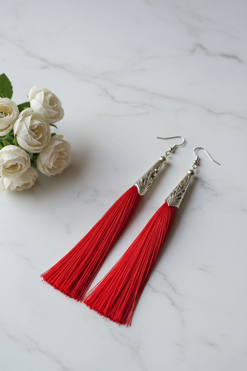 Red tassel earrings on white marble with fresh flowers