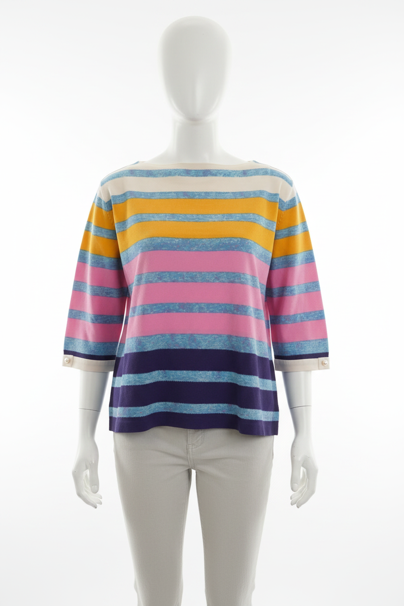 The Prism Stripe Silk Top - clean white background mannequin shot showing correct stripe pattern and hip-length silhouette