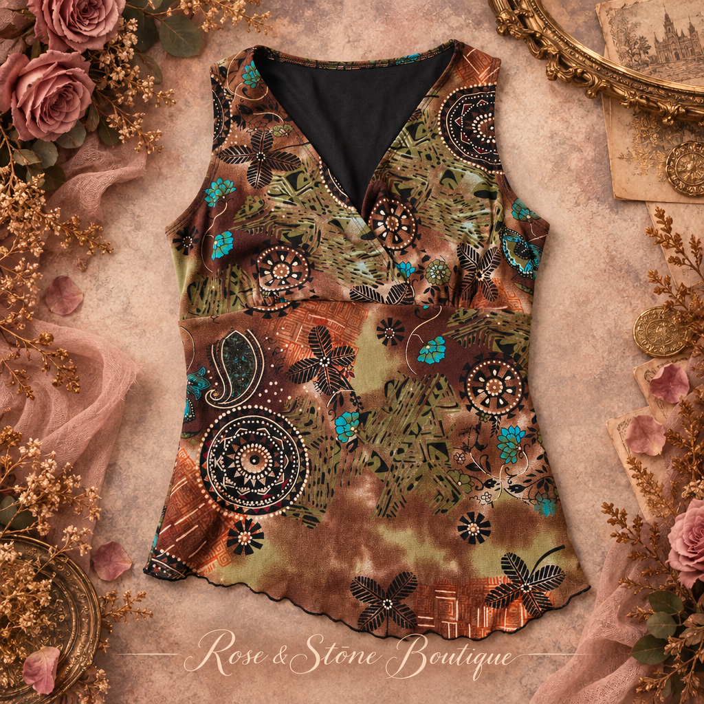 Printed San Francisco top styled flat with roses and vintage paper