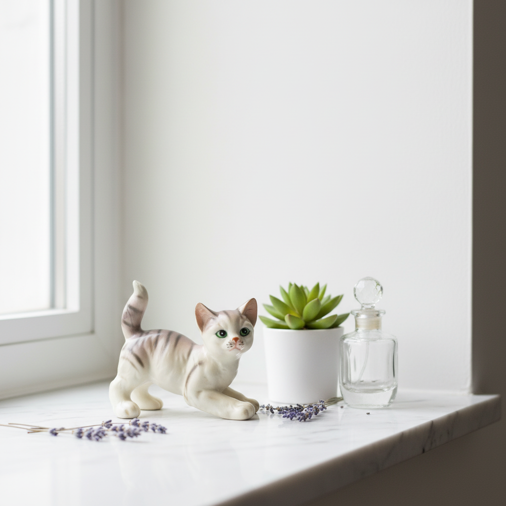 Vintage Japanese porcelain tabby kitten figurine on a marble windowsill with lavender and perfume bottle