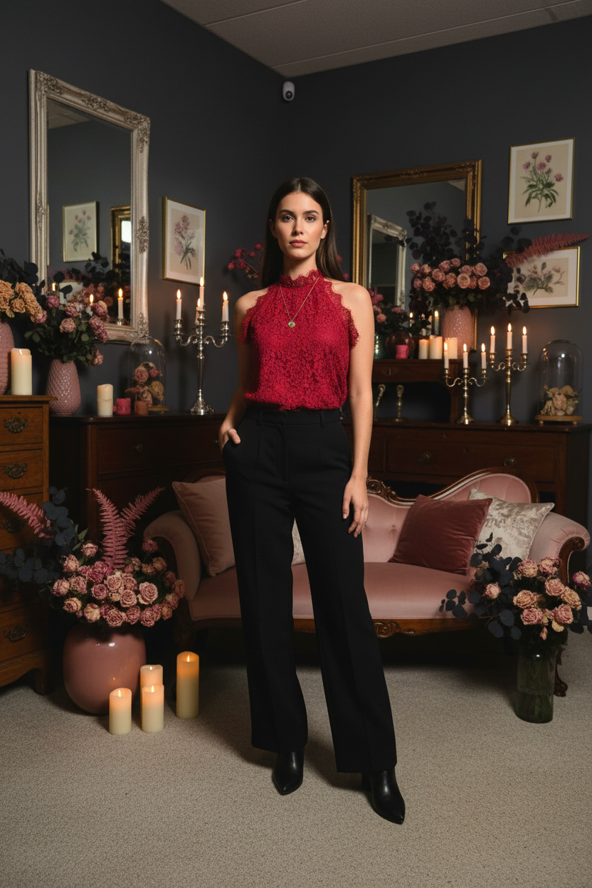 Crimson Rose Lace Top — Look 1
