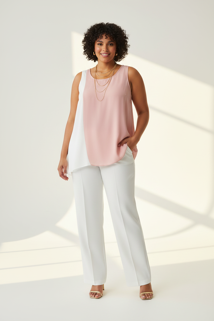 Petal & Cream Colour Block Tank — Studio look with white wide-leg trousers