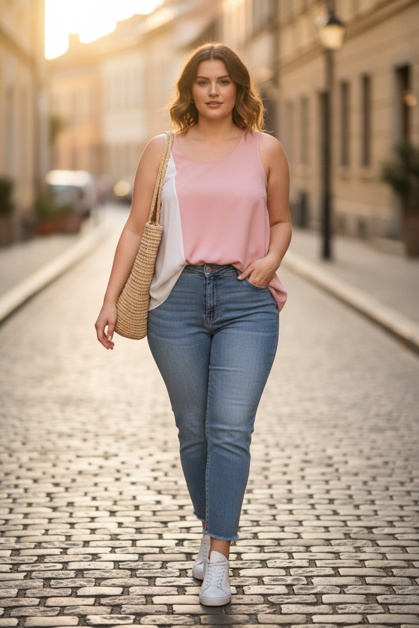 Petal & Cream Colour Block Tank — Golden hour street style with denim