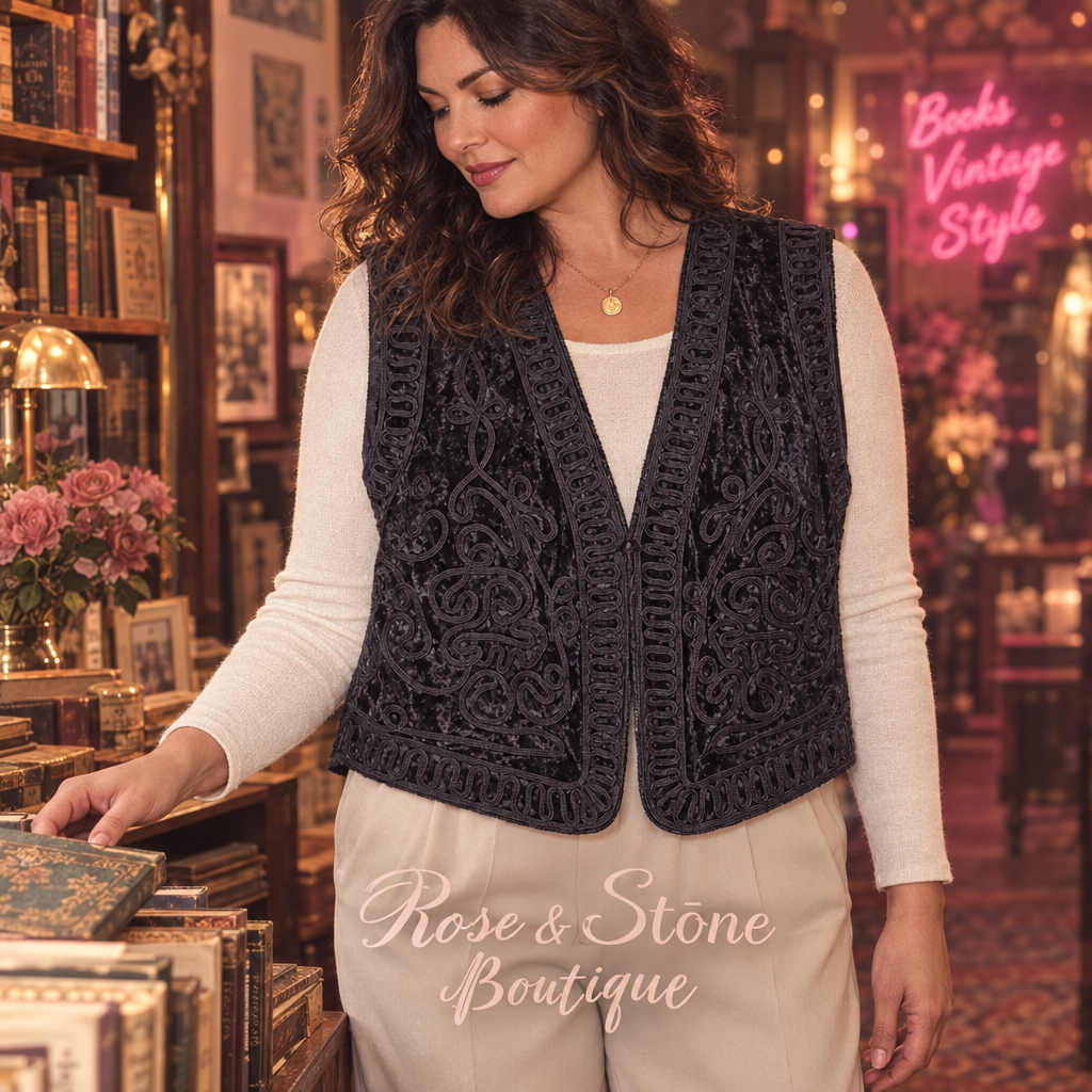 Black velvet soutache vest styled with cream layers while browsing books