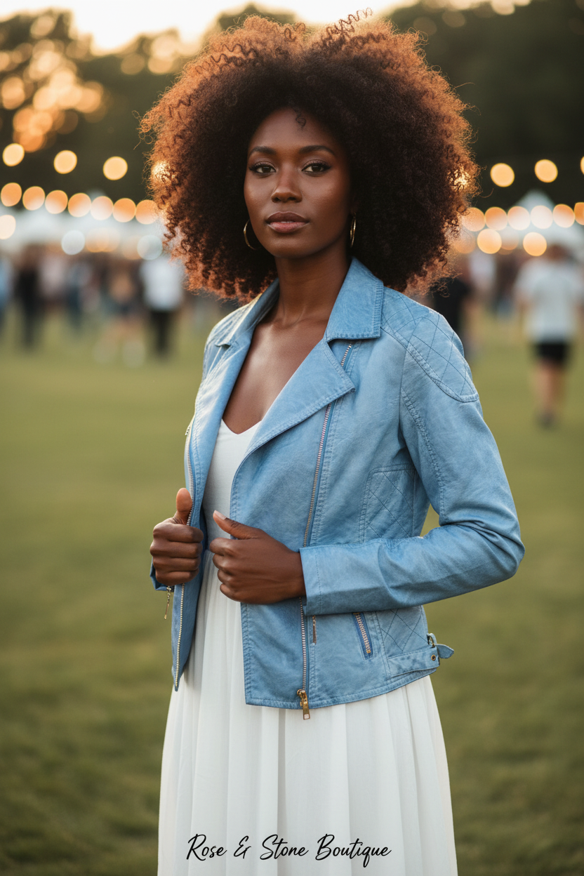 Model 1 - Festival styling, sky blue quilted moto jacket