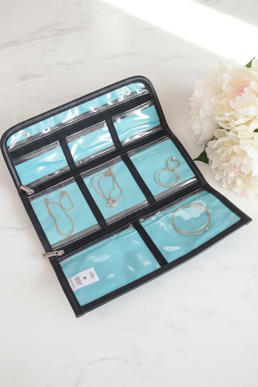 Origami Owl jewelry roll open on white marble with teal interior and gold jewelry