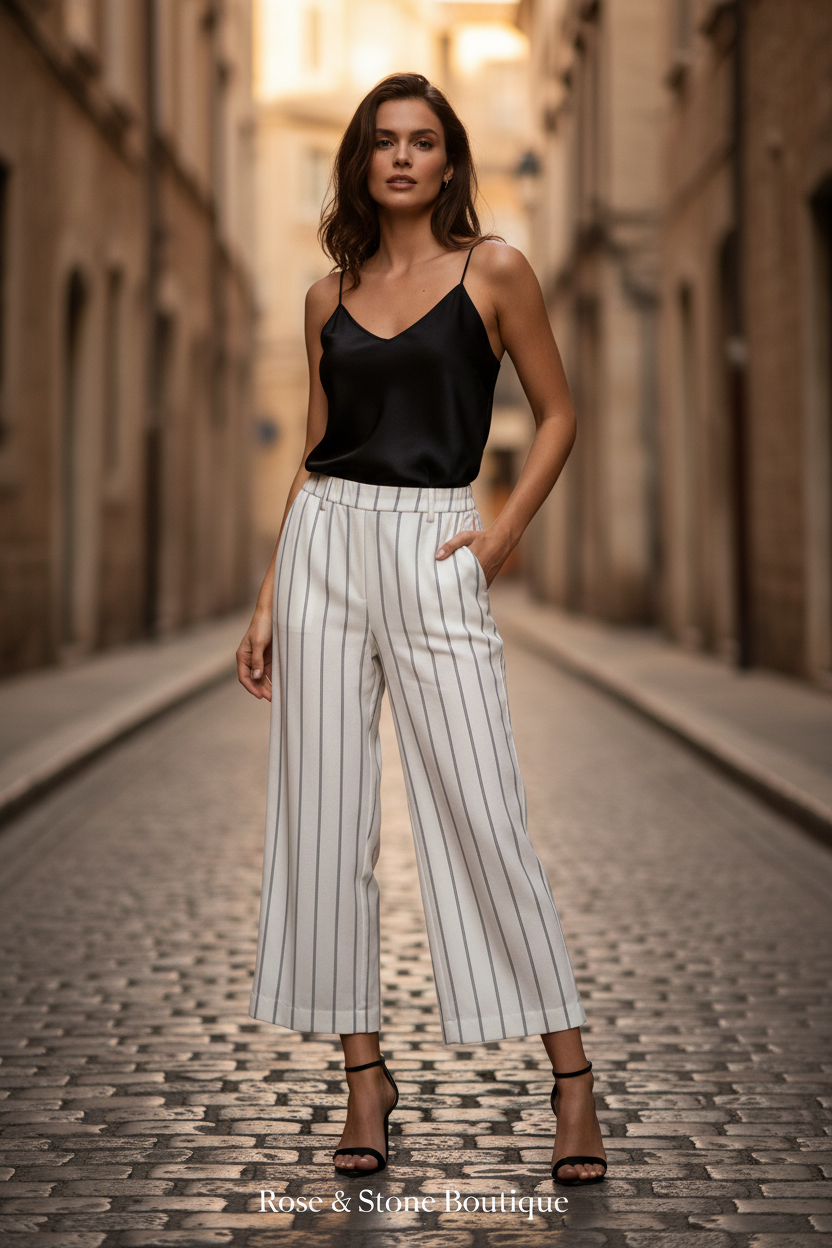 Model wearing white pinstripe wide-leg cropped pants styled with black silk cami on cobblestone street