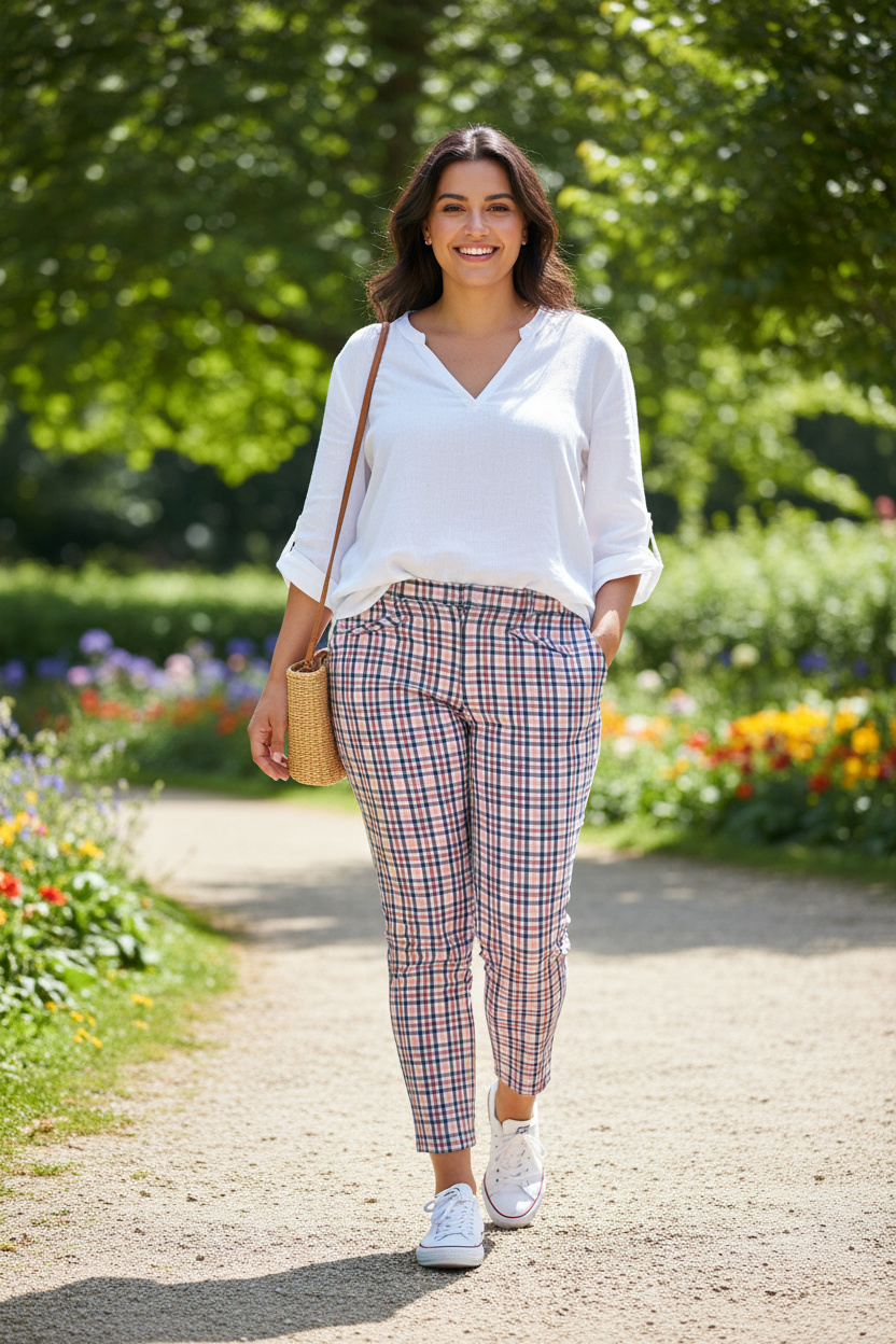 Curvy size 12 model wearing GAP plaid trousers in sunny park