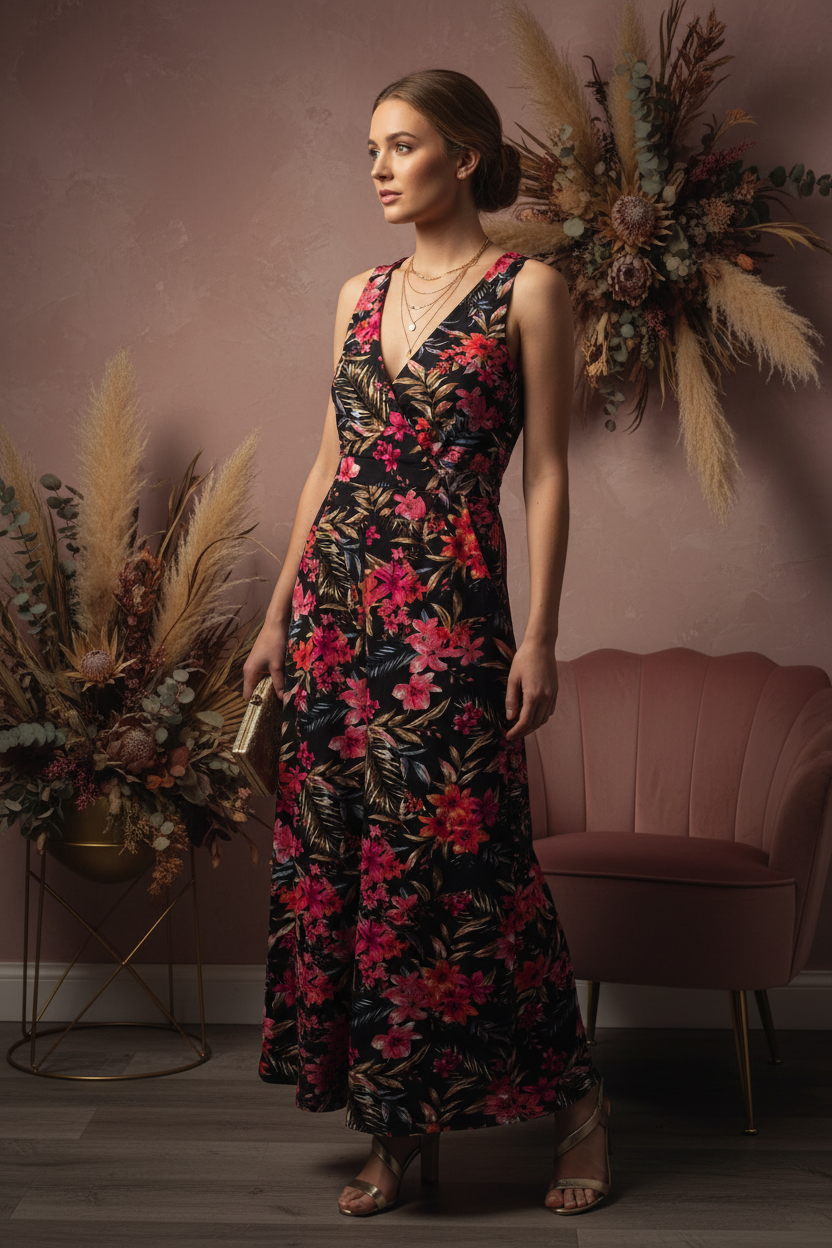 Midnight Tropics Maxi Dress - Styled Model Three-Quarter View