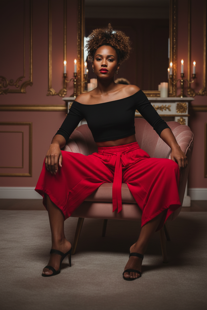 Glamorous evening styling — red palazzo capri with black off-shoulder crop top