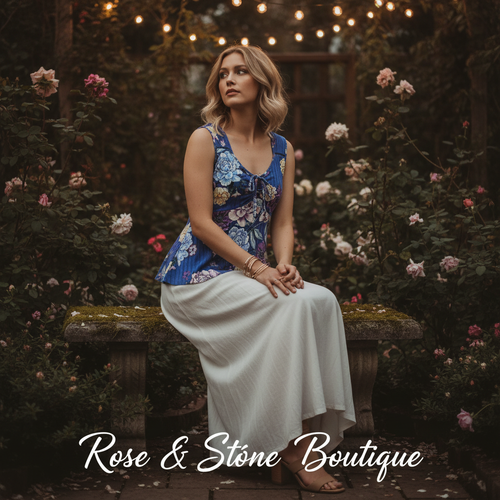 Model wearing cobalt floral peplum tank with white maxi skirt in a moody bohemian garden at dusk