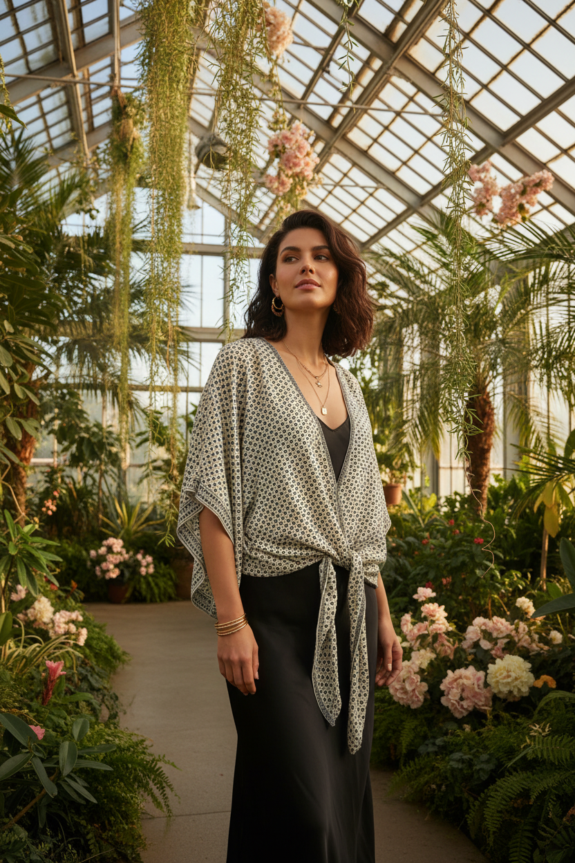 The Orbit Wrap Top – Max Studio lifestyle shot, botanical garden setting