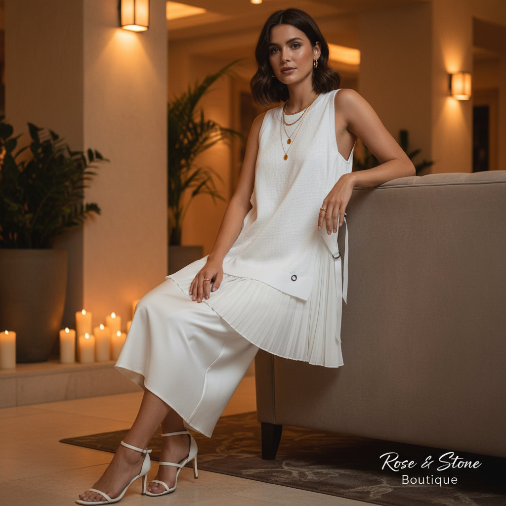 RUDSAK optic white lace-up knit top styled for date night over white slip skirt, candlelit setting