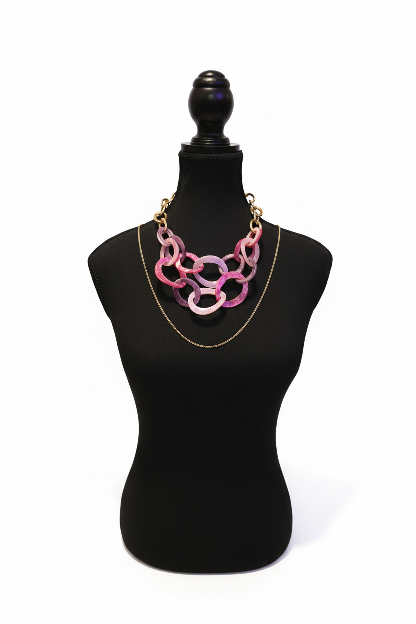 Boldly Intertwined Pink Resin Chain Statement Necklace