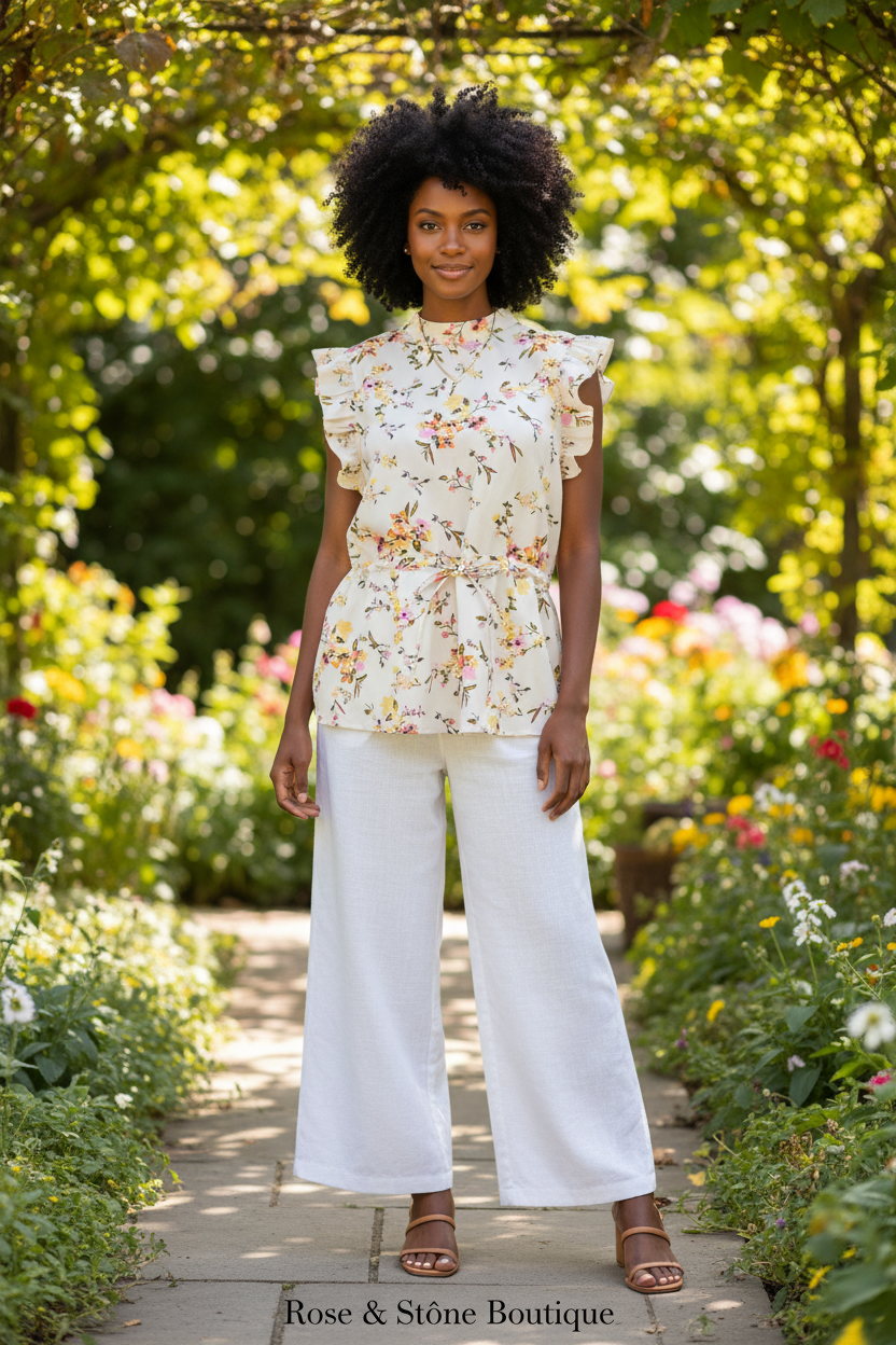 Botanical Garden Ruffle Blouse in Cream