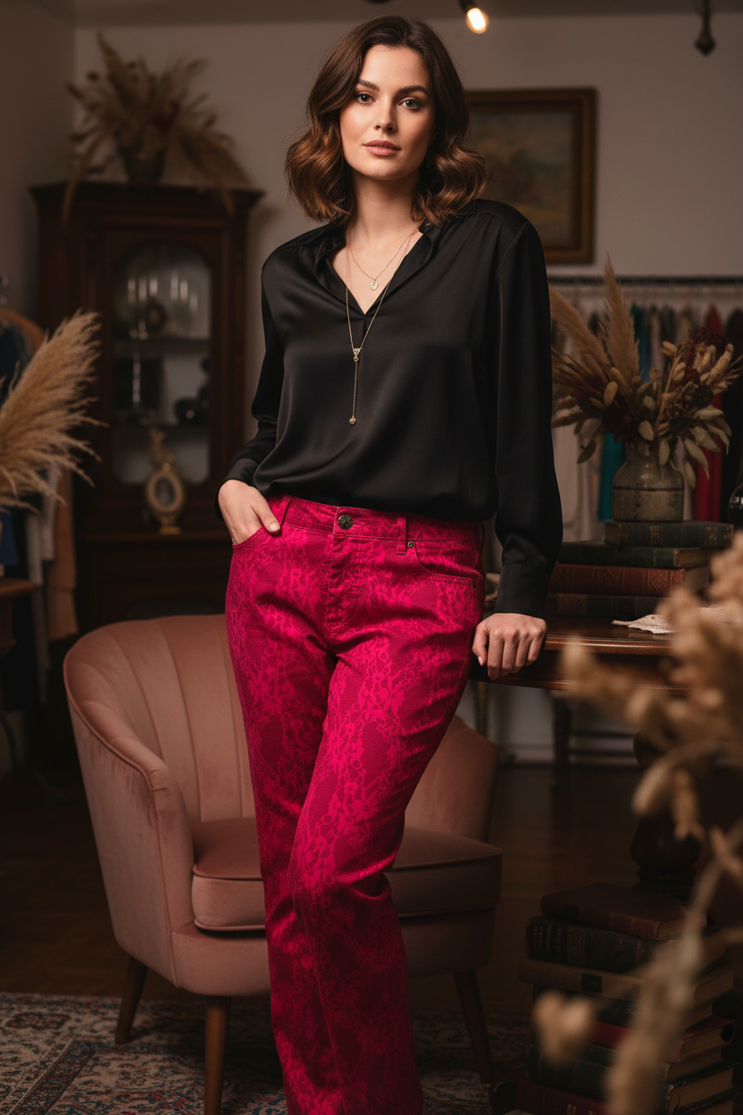 Size 12 model wearing crimson lace jeans styled with black silk blouse in vintage boutique setting