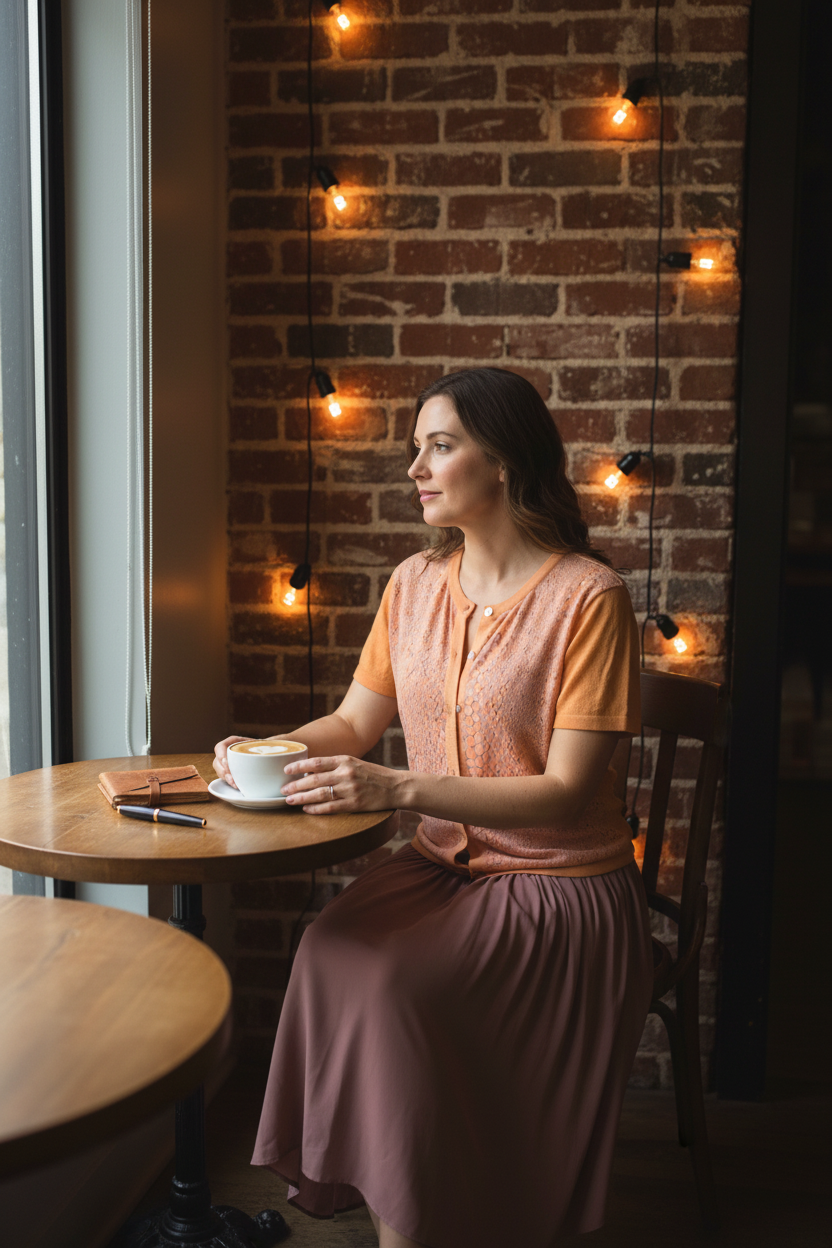 Model 30s — coffee shop, snapped up as a top with midi skirt