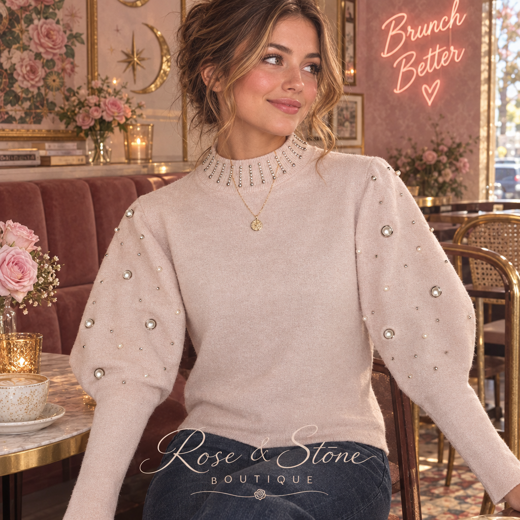 Pearl Afterglow sweater on a Medium-build model, brunch styling